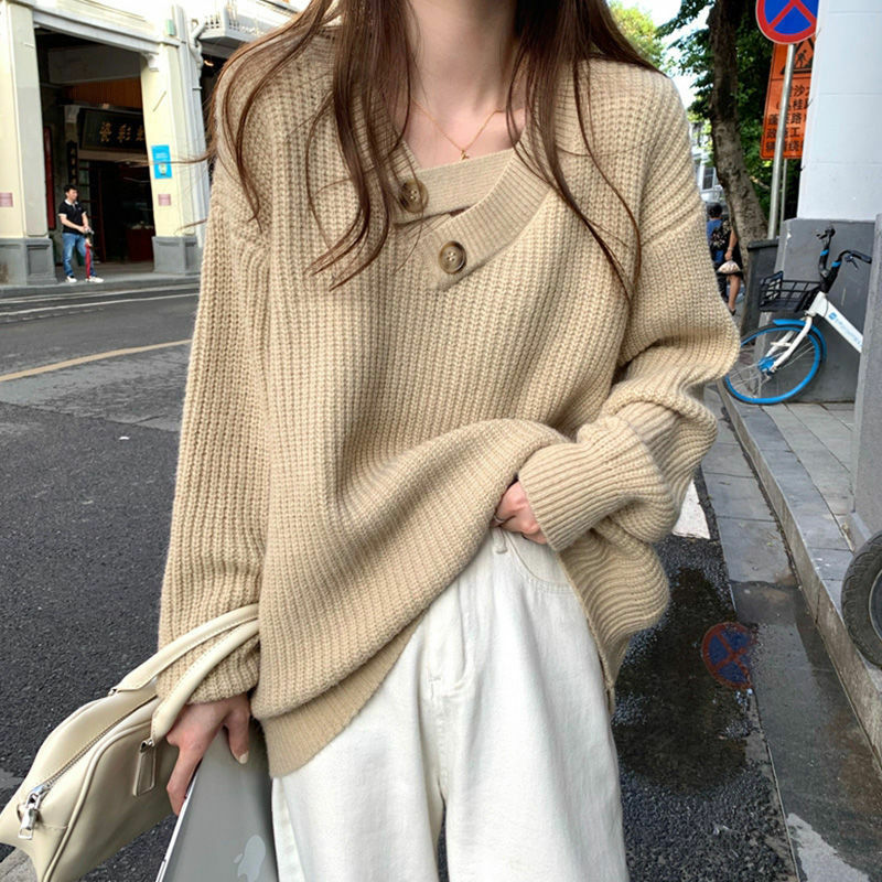Mode-Trend All-spiel Herbst und Winter Neue Lose und Einfache Faul Stil Reine Farbe Taste Casual Stricken Pullover pullover