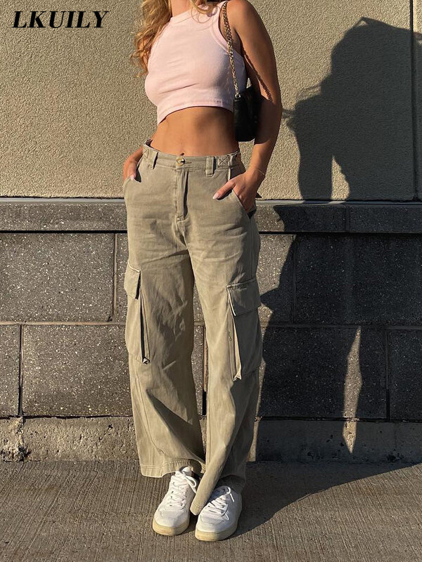 Женские брюки-карго 2022, модная женская одежда, повседневные брюки со средней талией, уличная одежда Y2K, эстетичные прямые брюки, комбинезоны