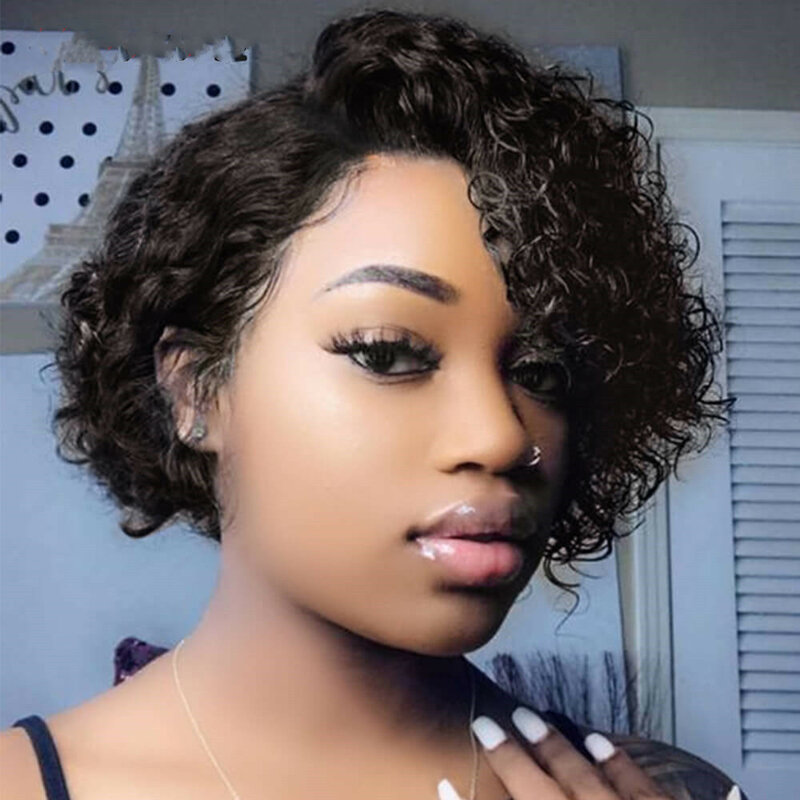 Korte Kinky Krullend Menselijk Haar Pruik Afro Korte Pruiken Pixie Cut Pruik Human Hair Geen Lace Front Natuurlijke Braziliaanse Haar pruiken Voor Vrouwen