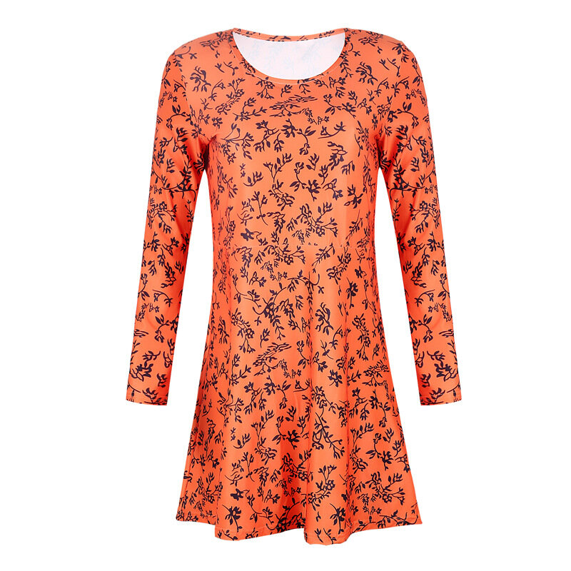 Popular 2022 European and American Loose Round Neck Long Sleeve Printed Polyester Comfortable Slim Casual Mini Dress Women's