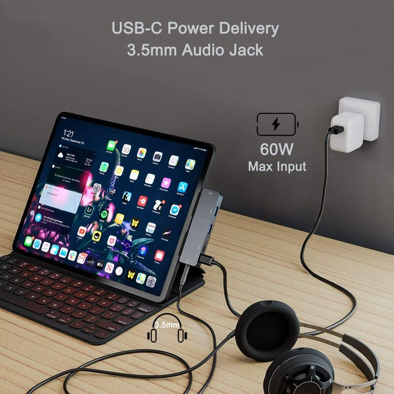 Adaptor Baru untuk iPad Pro USB C Hub untuk iPad Pro 11 12.9 2021 2020 2018,iPad Air/Mini,7in1 USB C Hub dengan 4K HDMI,3.5Mm