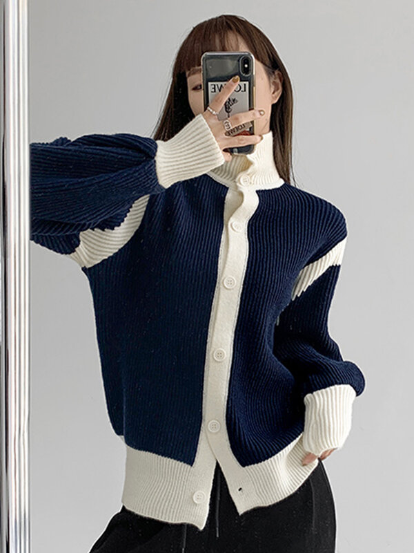 Свитер с контрастными лацканами, женские свитера Y2k, одежда, Зимний однобортный вязаный кардиган с длинным рукавом, корейский модный топ 2022