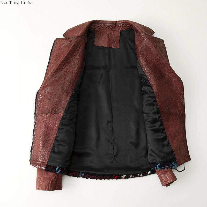 Chaqueta de cuero de oveja auténtica para mujer, chaqueta de lana de retales, cuello de traje de motocicleta, H9, 2023