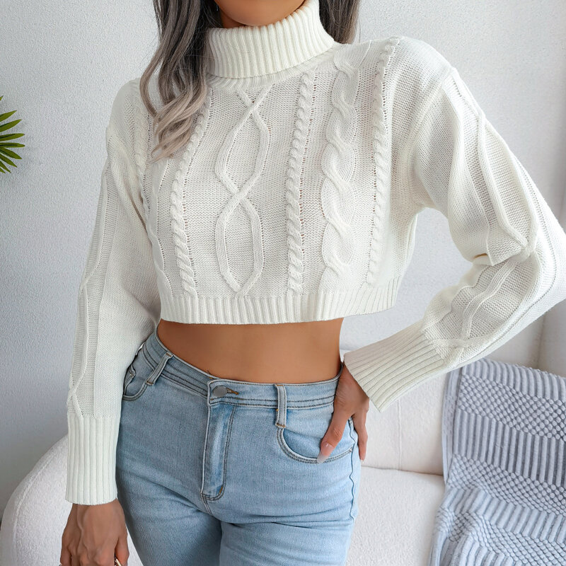 2022 Autumn And Winter European And American Style Fashion Twist Navel Long-sleeved High-neck Short Pullover Sweater Acrylic