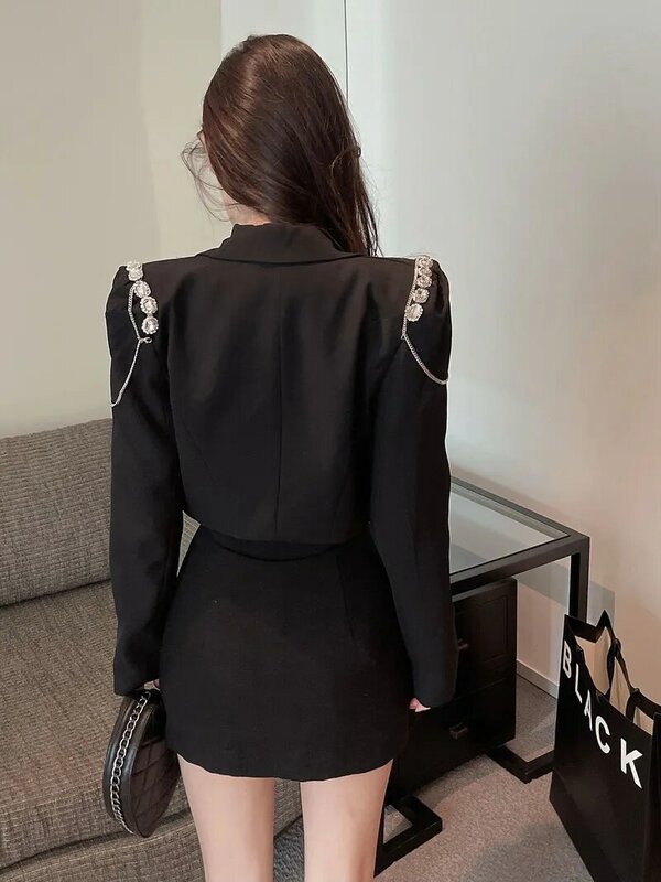 Temperament Elegant Women's Diamond Patchwork Long Sleeve Short Blazer Coat Female 2022 Autumn Fashion Black Lady Outwear