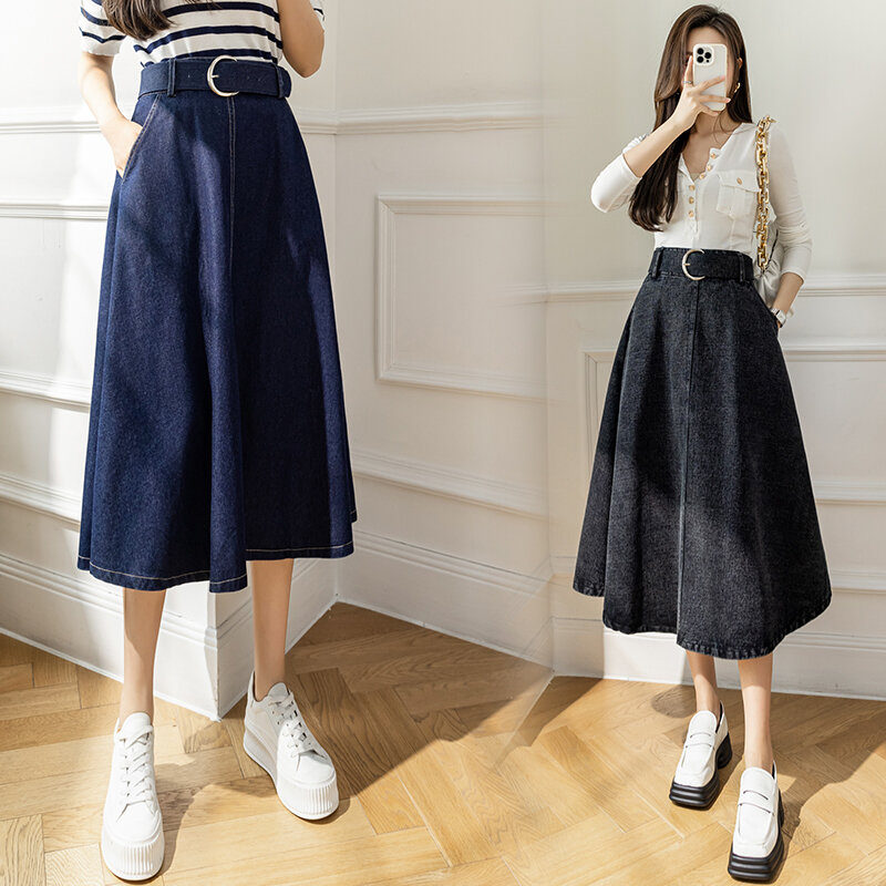 Wisher & tong saia jeans feminina cintura alta a-line 2022 verão saias longas estilo coreano vintage midi saia jeans jupe longue femme