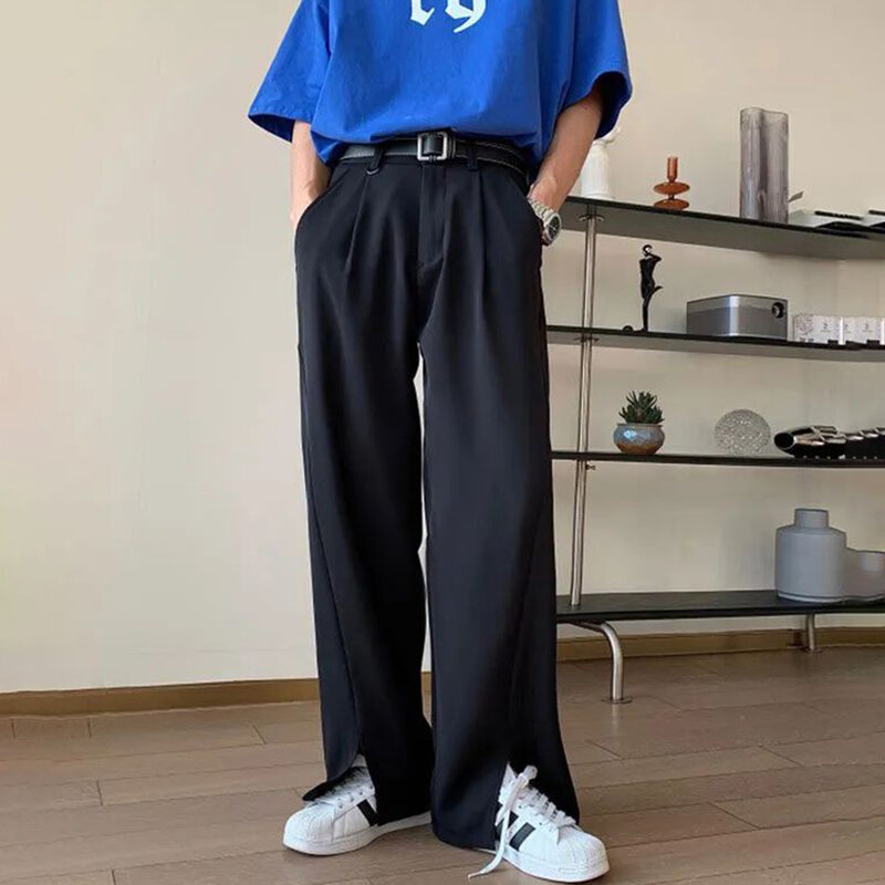 Versione coreana temperamento fessura High Street pantaloni dritti da uomo 2023 pantaloni Casual larghi di nuova moda pantaloni alla moda Wideleg