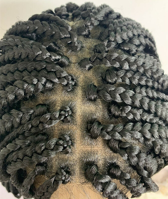 Syntetyczne czarne warkocze 30-34 cal pełne koronkowe peruki dla czarnych kobiet warkocze Cornrow z dzieckiem włosy plecione koronki przodu peruki