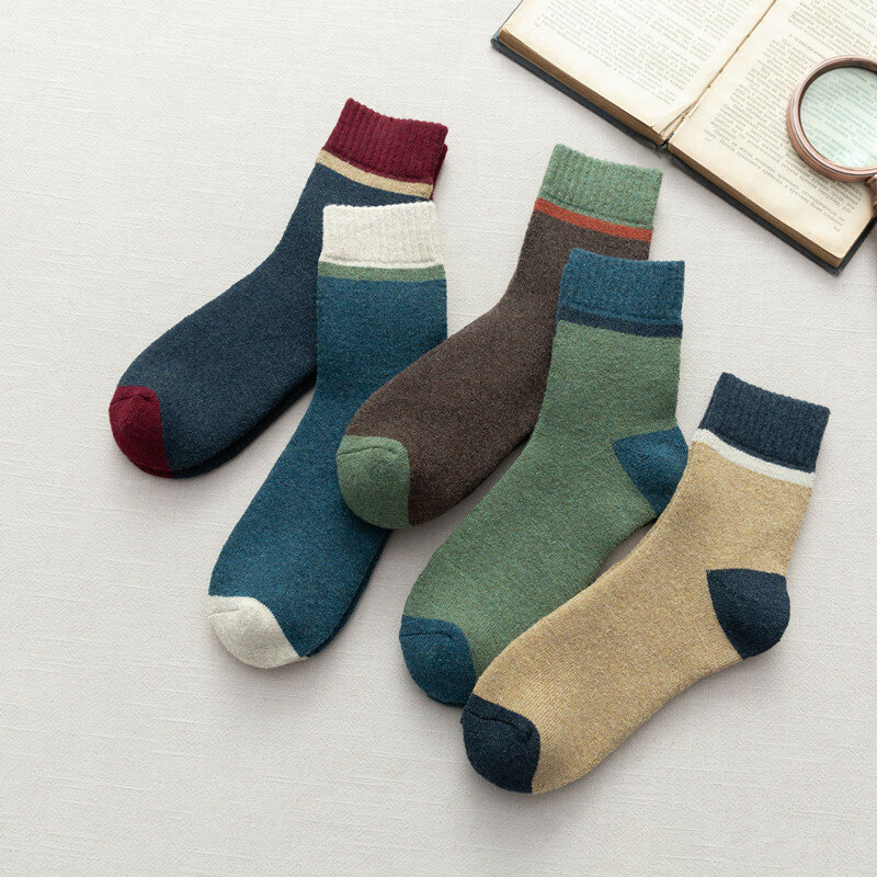 5 pares de outono e inverno engrossar quente feminino lã meias de alta qualidade cashmere costura cor casual meias para mulher