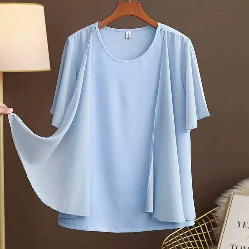 Blus Sifon Musim Panas Wanita Mode Blus Leher-o Solid Elegan Pakaian Wanita Longgar Kaus Longgar Lengan Pendek Dua Palsu Kasual