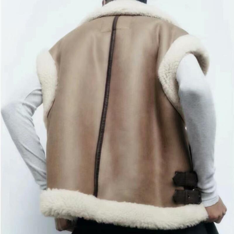 Za 여성 패션 겨울 신상품 민소매 옷깃 지퍼 로코모티브 조끼 탑 시크한 여성 스웨이드 모피 올인원 조끼 재킷, 여성용 조끼 재킷