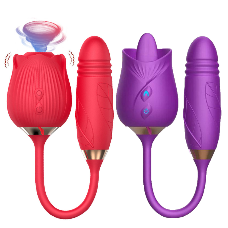 Mainan Seks Penggetar Pengisap Klitoris Mawar Kuat untuk Wanita Vibrator Kepala Ganda Anal Menyodorkan Pemijat Teleskopik Menjilati