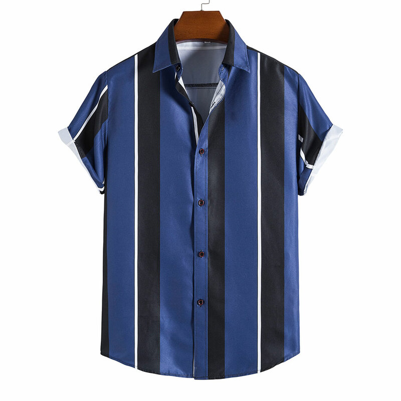 Рубашка мужская на одной пуговице, Гавайская Повседневная Свободная пляжная блузка с принтом в полоску, с коротким рукавом, лето 2022