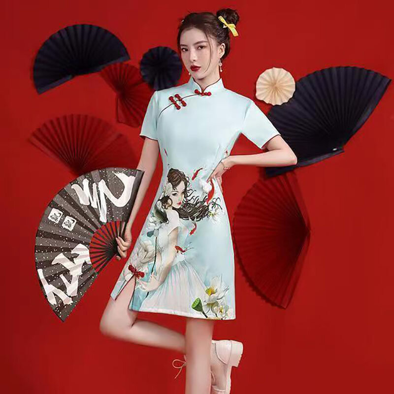 Guochao cheongsam em 2022, a nova menina melhorada, dança curta e curta, rua frita, estilo chinês, vermelho. Qipao