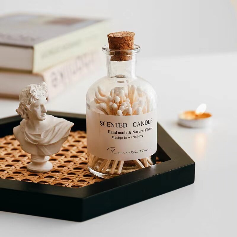 Accesorios románticos para velas de aromaterapia, botella de vidrio, cabeza de polvo blanco y negro, varilla larga que combina en frasco, combinación normal