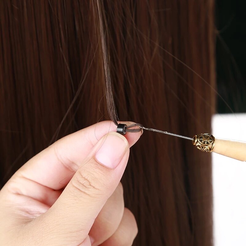 5 pçs cabo de madeira gancho agulha com fio de ferro ferramentas extensão do cabelo peruca do laço que faz tricô micro anel laço de tecelagem crochê