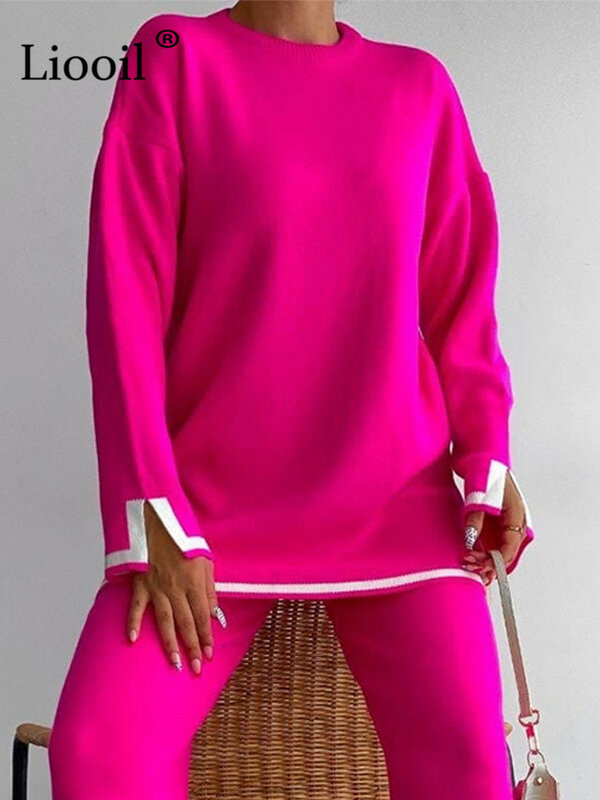 컬러 블록 슬릿 니트 스웨터 풀오버 여성 점퍼 긴 소매 느슨한 니트 탑스, 스트리트웨어 배기 스웨터 2022 가을 겨울