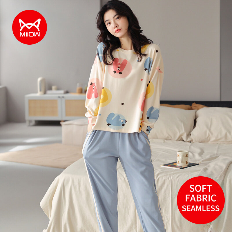 MiiOW Cartoon Animal bawełniane spodnie z długimi rękawami jesienne i zimowe piżamy damskie Homewear garnitur