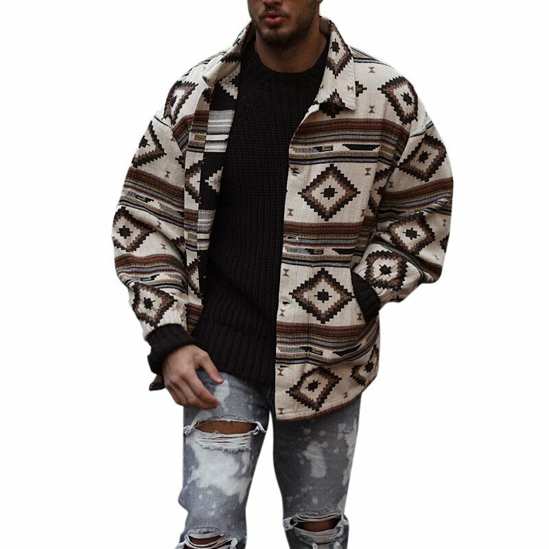 2021 nova jaqueta masculina casual solto botão de bolso grande geometria impressão jaqueta de beisebol casaco streetwear bomber acket eua tamanho S-3XL