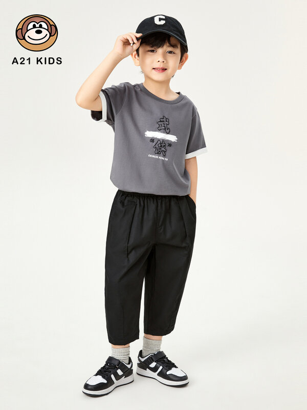 A21男の子カジュアル半袖tシャツ2022夏の新ファッショントレンドクールニットフィットラウンドネックルース子供のトップス