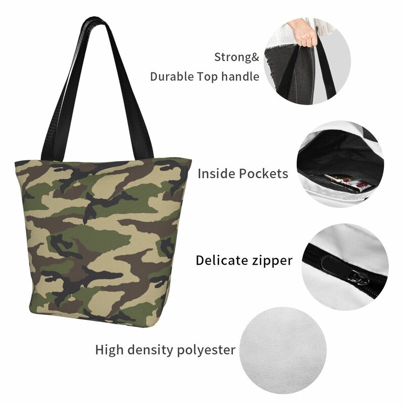 Bolso de compras de camuflaje militar clásico para mujer, bolsa de poliéster reutilizable, a la moda, para exteriores