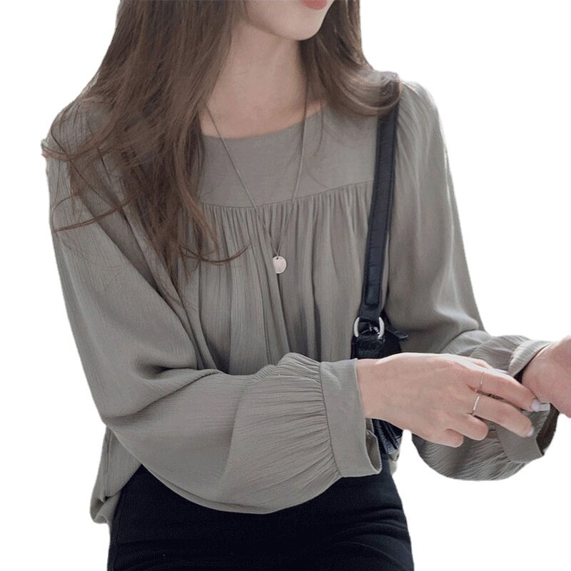 Blusa holgada de Chifón con manga larga para otoño, camisa con cuello cuadrado para mujer, color albaricoque, 2022