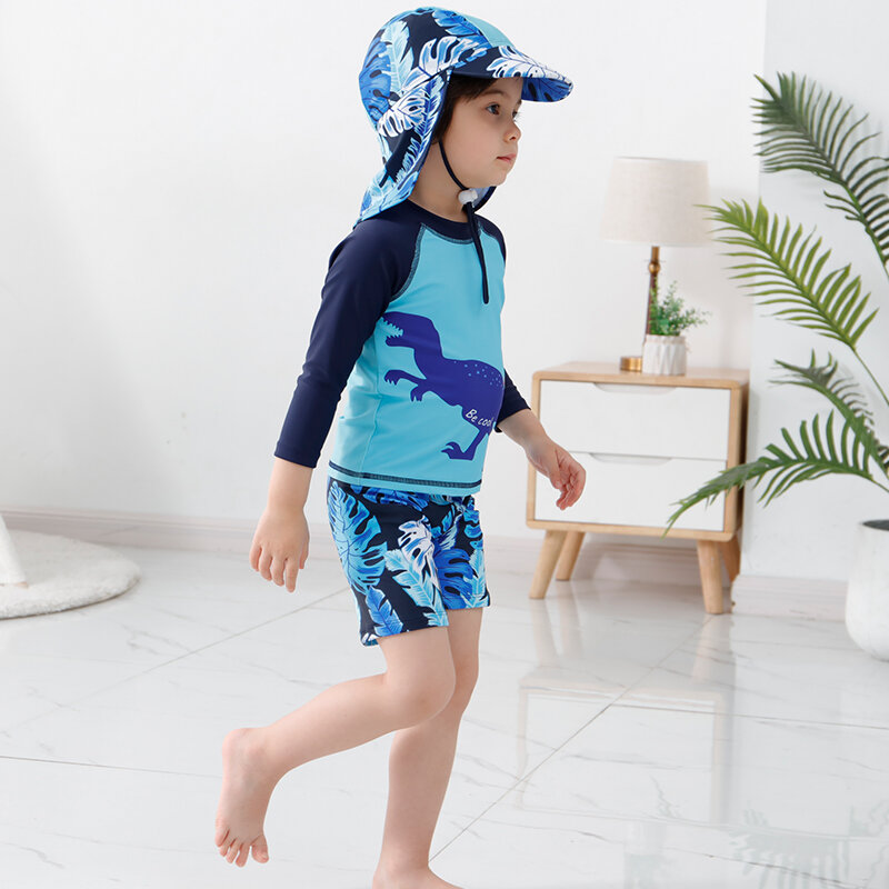 Bañador de dinosaurio azul para niños, traje de baño de una pieza con gorro, ropa de playa para bebés de 2 a 16 años, novedad de 2022