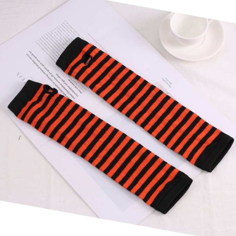 Women Girls Knitted Fingerless Long Gloves Stripes Printed Over Elbow Length Winter Stretchy Arm Warmer Sleeves with Thumb Hole