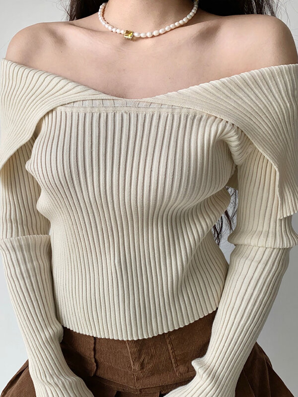 Sexy Off Shoulder Women' Sweater Jumper Autumn Long Sleeve Knitted Sweater Fashion Solid Lady Pullover Sweaters Streetwear Tops