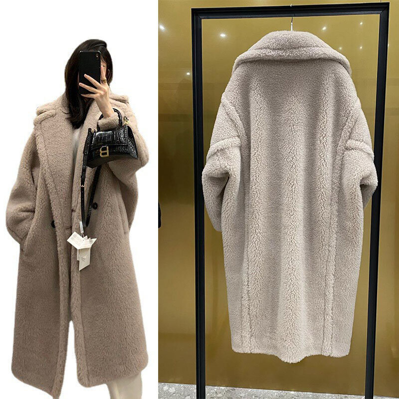 Abrigo grueso de Alpaca, lana y seda para mujer, abrigo suave de oso de peluche, Invierno