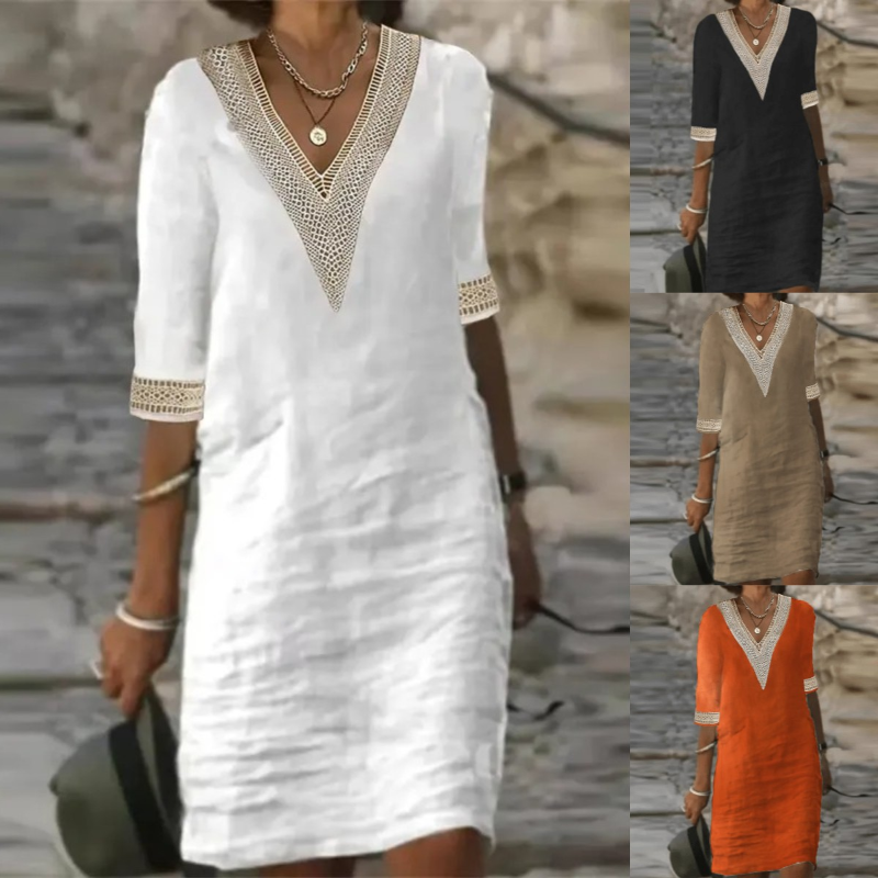 Women Solid V Neck Dress Summer Vintage Hallow Out Cotton Linen Mini Dresses Female Oversize Casual Half Sleeve Dresses Vestidos