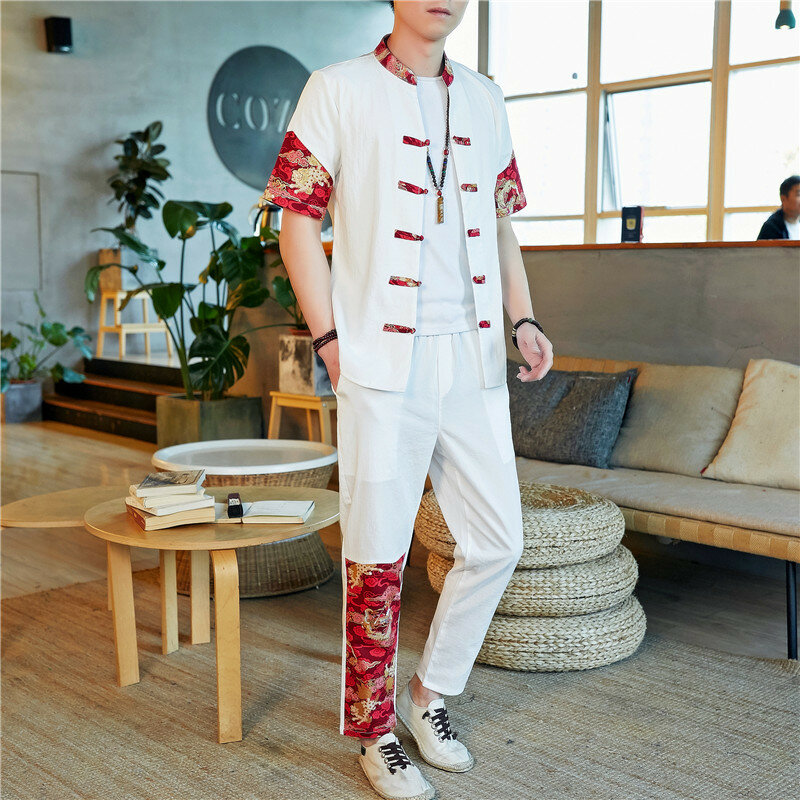 Chemise Hanfu rétro imbibée Tang pour hommes, style chinois traditionnel, ensemble uniforme FjKung Fu, kimono japonais, combinaison chemisier et pantalon décontractés
