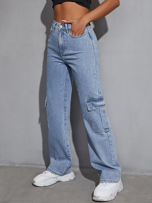 Jeans Cargo Baggy Saku Flap Wanita Trendi Baru Celana Panjang Boyfriend Fit Santai Celana Jeans Denim Kaki Lurus Longgar Kasual Wanita