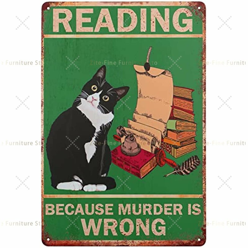 黒の猫の読書ビンテージメタルサイン、ライブラリ読書ルームホームコーヒーバー壁の装飾8x12インチ