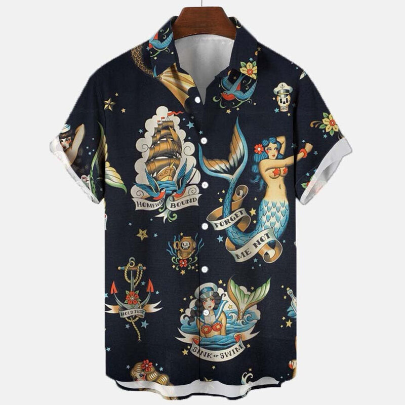 2022 Mermaid Retro Art 3d Digital Print Pattern Men's Shirt Retro Hawaiian Shirt Man Street Short Sleeve Top Loose Shirt For Men