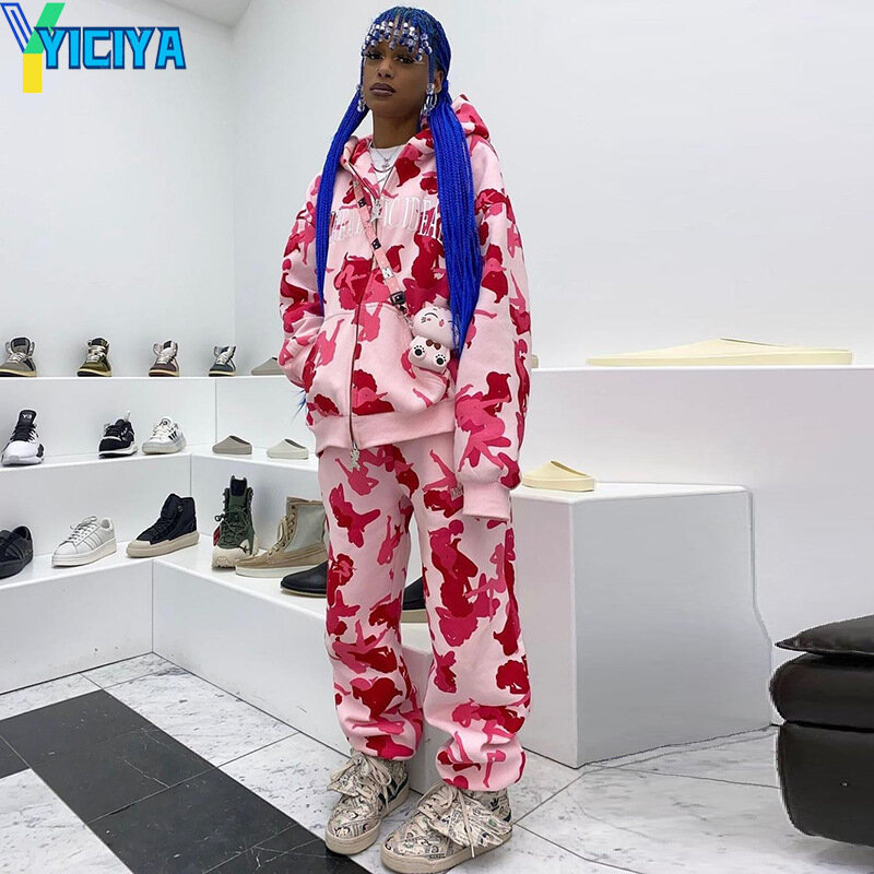 YICIYA-Conjunto de dos piezas para mujer, Sudadera con capucha y pantalón, ropa de calle Y2K, chándal para correr, invierno y otoño, 2023
