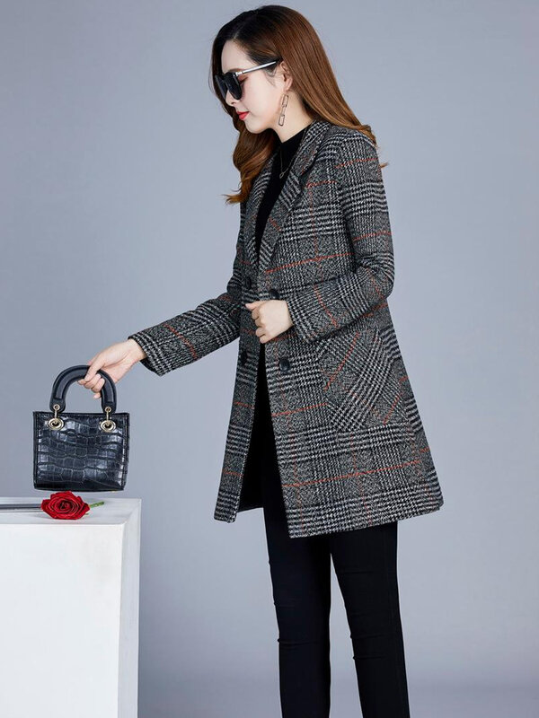 2022 novo casaco de outono e inverno feminino edição coreana engrossado fino manga longa versátil terno feminino superior lã xadrez terno c
