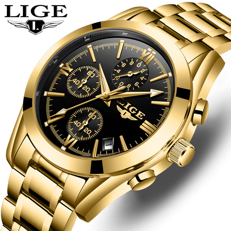 LIGE Men’s Watches Big Sport Watch Luxury Men Military Steel Quartz Wrist Watches Chronograph Gold Design Male Clock Date Clock