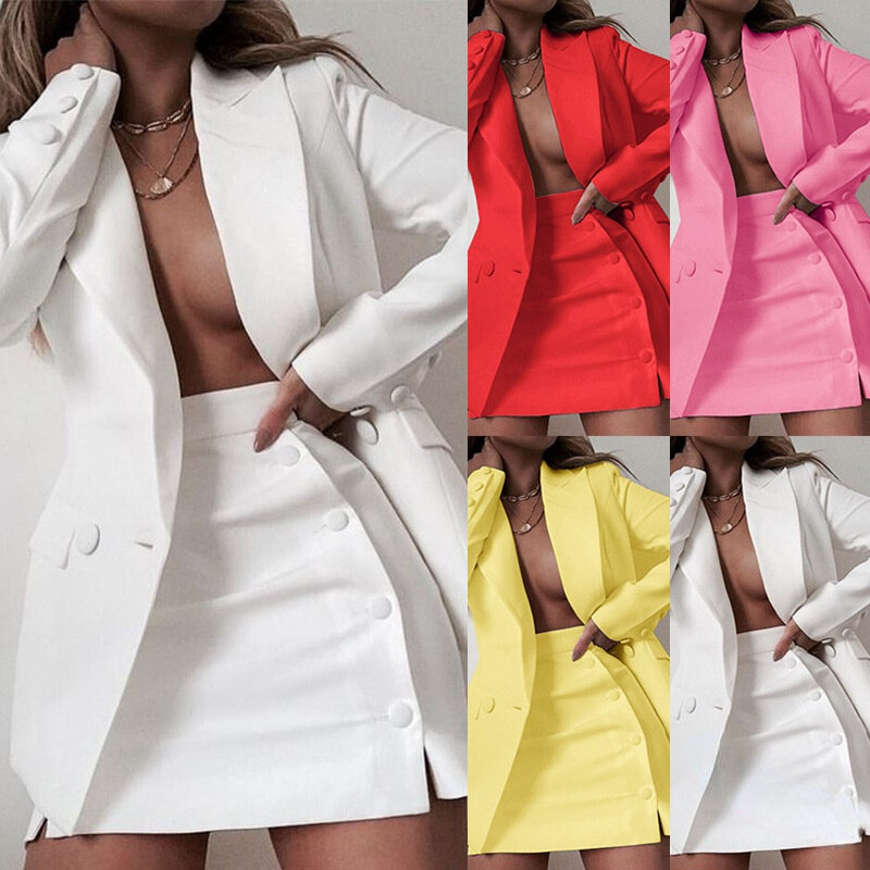 Moda na co dzień klapy jednolity kolor podwójne-jednorzędowy garnitur Mini spódnica 2 sztuka zestaw kobiety Blazer i zestaw spódnic urząd Lady cukierkowe kolory