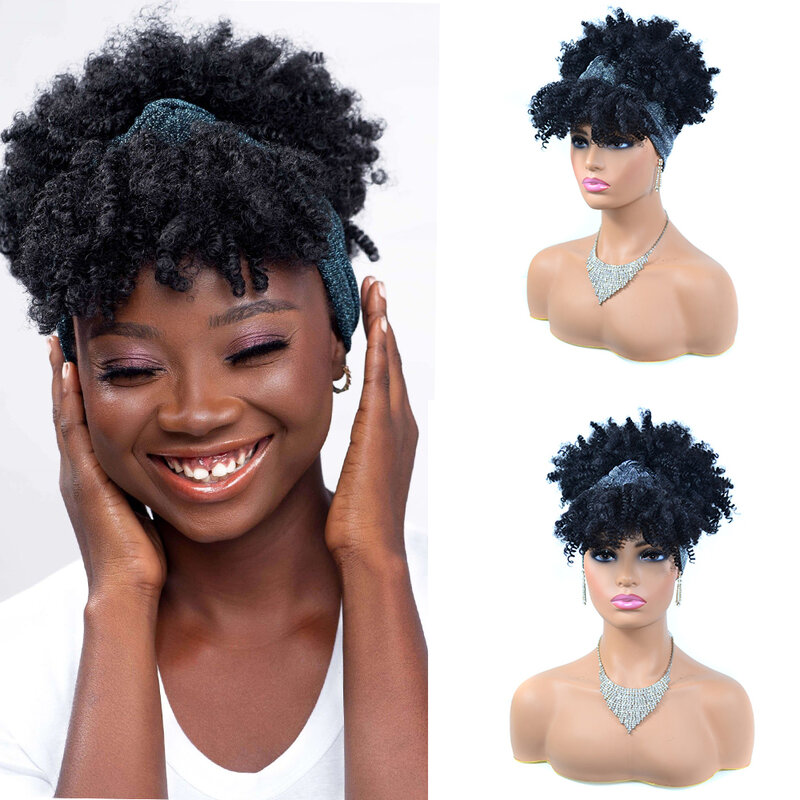 Wig keriting pendek Kinky dengan ikat kepala Wig syal keriting Afro Wig bungkus Turban sintetis untuk WANITA HITAM penggunaan sehari-hari rambut palsu alami