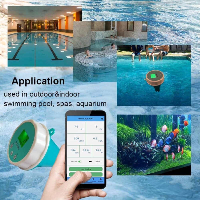 Analizador de agua de piscina inteligente flotante, 6 en 1, pH, cloro, EC, TDS, ORP, probador de temperatura para Spa, agua de piscina con aplicación Bluetooth