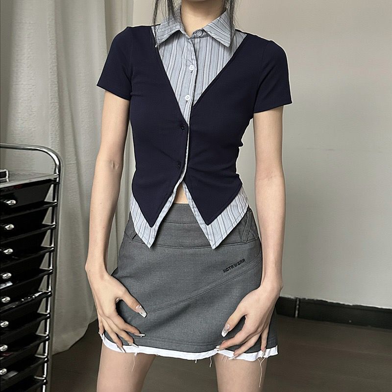 Deptown Vintage styl Preppy bluzki damskie Harajuku moda z krótkim rękawem koszule w paski koreańska moda fałszywe dwuczęściowe topy
