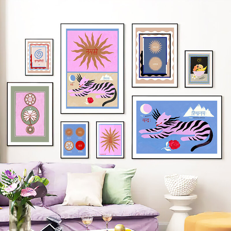 Tigresa rosa, sol, flor, Planeta, montaña, arte de pared, pintura en lienzo, carteles nórdicos e impresiones, imágenes de pared para decoración de sala de estar