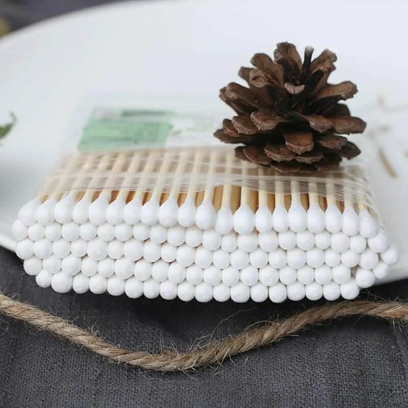 5 saco portátil dupla cabeça cotonete de algodão varas de bambu cotonete de algodão botões descartáveis algodão para beleza maquiagem nariz orelhas limpeza