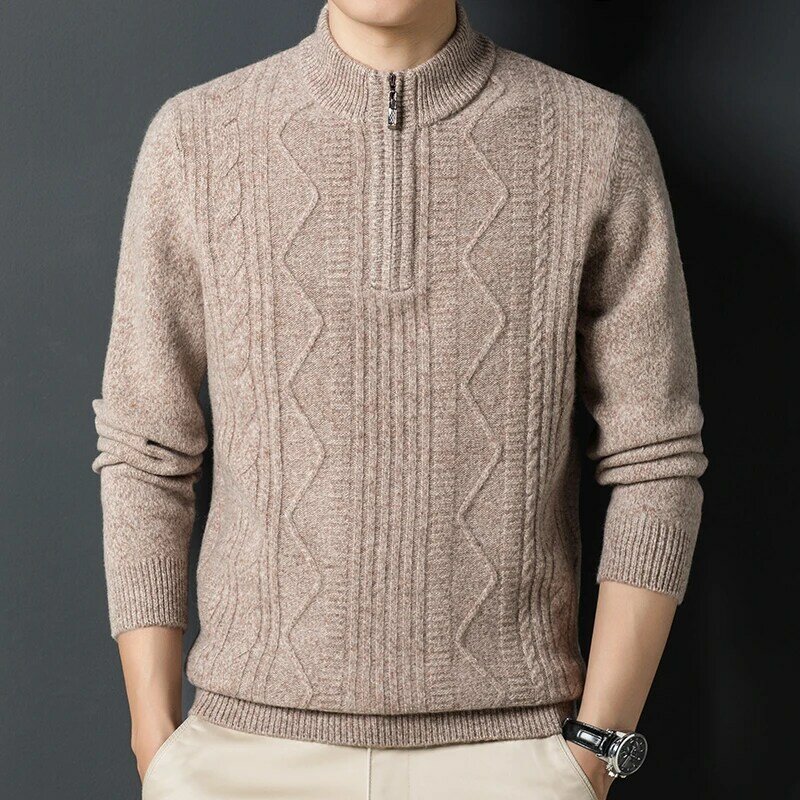 Men's High Quality 100% Wool Base Knitwear Winter Warm Leisure Fashion Zip-up Turtleneck Men's Sweater