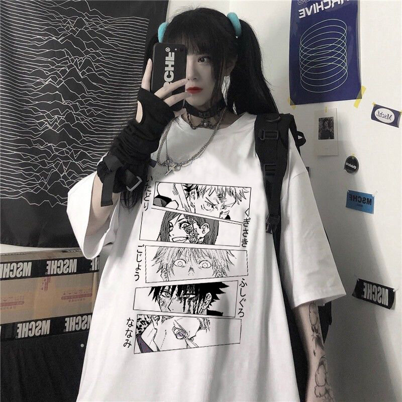 Kobiety koszulki z nadrukiem ju jutsu Kaisen nadruk Anime estetyczne kobiet T-shirt Harajuka ponadgabarytowych Hip Hop koszulki w stylu Casual gotyckie ubrania