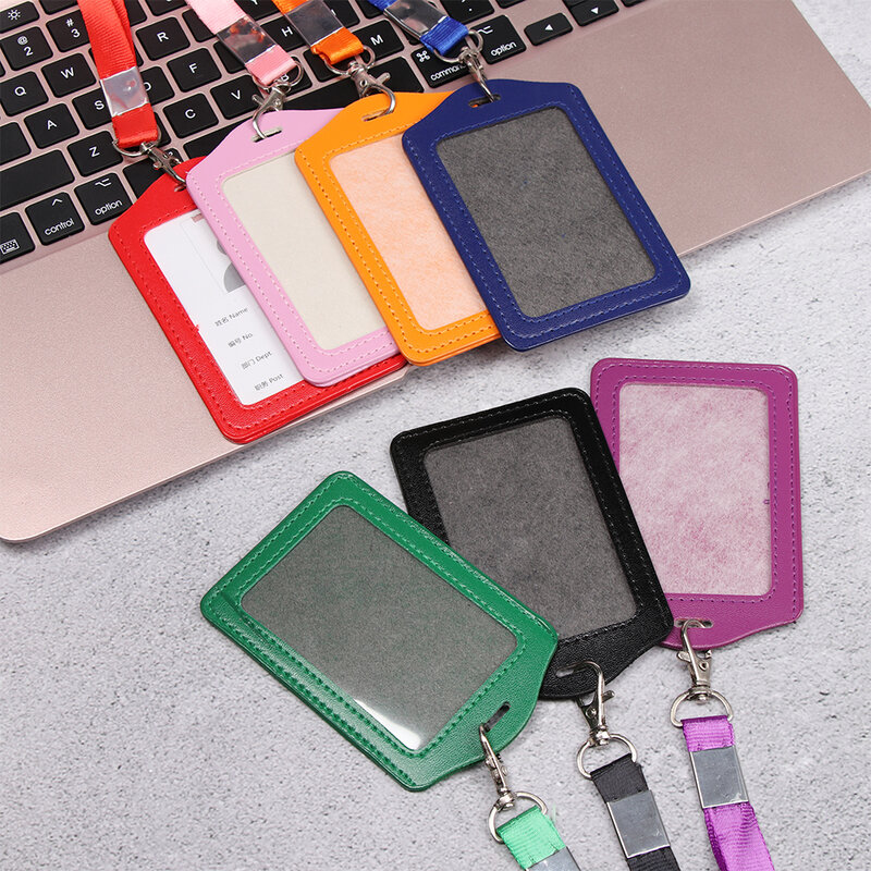 New Multi Colored Name Card Holders With Rope Card Sleeve PU Leather Protective Shell Bus ID Holders Badge Case Office Supplies