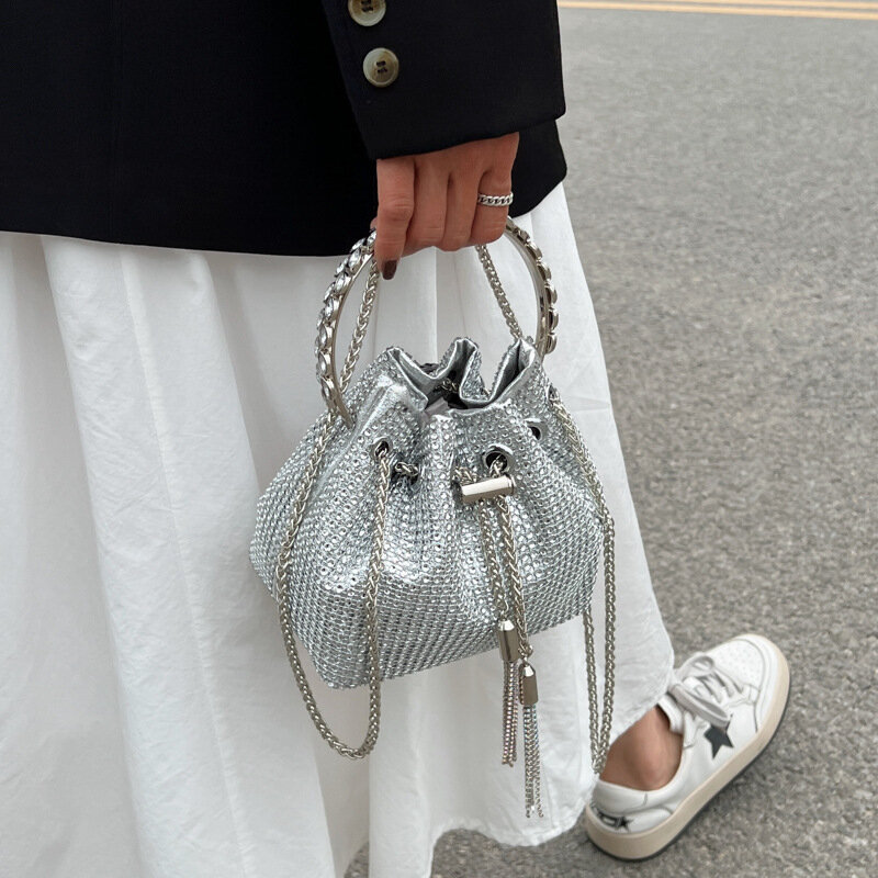 Luxury Designer Handbags And Purses Diamond Decorative Chain Shoulder Bucket Bags For Women Trendy Female Crossbody Evening Bag