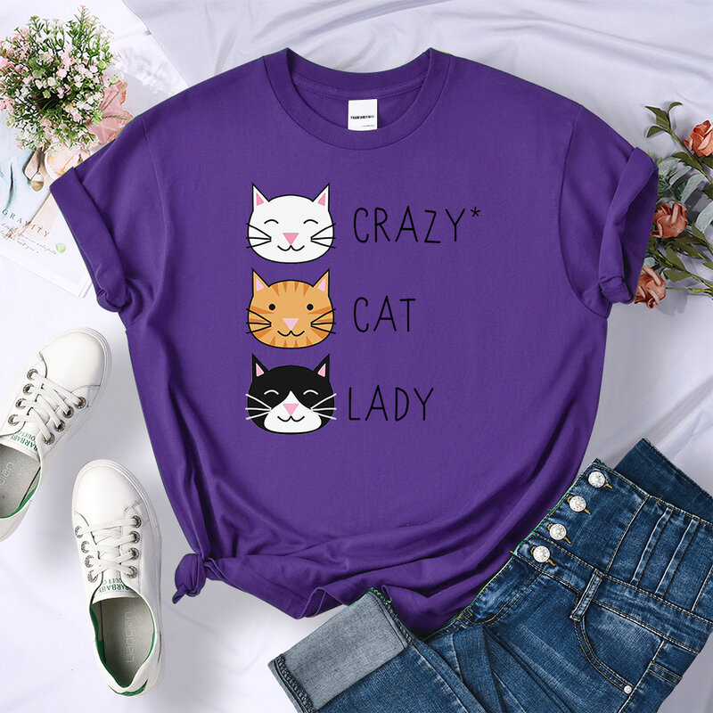 Crazy Cat Lady Cute Hip Hop T-shirt Women's Fashion Clothing Summer Top New Round Neck Women's T-shirt Loose Casual