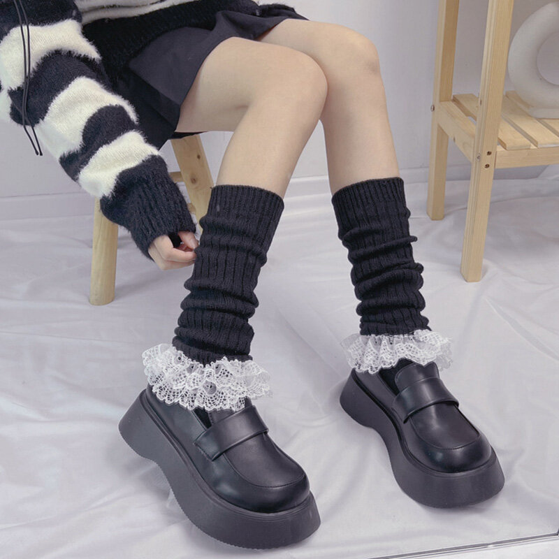 Jk – jambières tricotées en laine pour femmes, couvre-jambes japonais, Harajuku rayé, mi-mollet, chaussettes pour femmes, chauffe-jambes, Lolita au Crochet